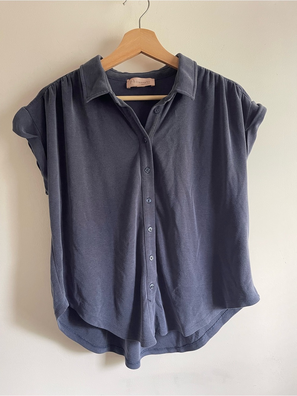 Philosophy Modal Blend Short Sleeve Button Down Top Dusty Blue Size S Blouse